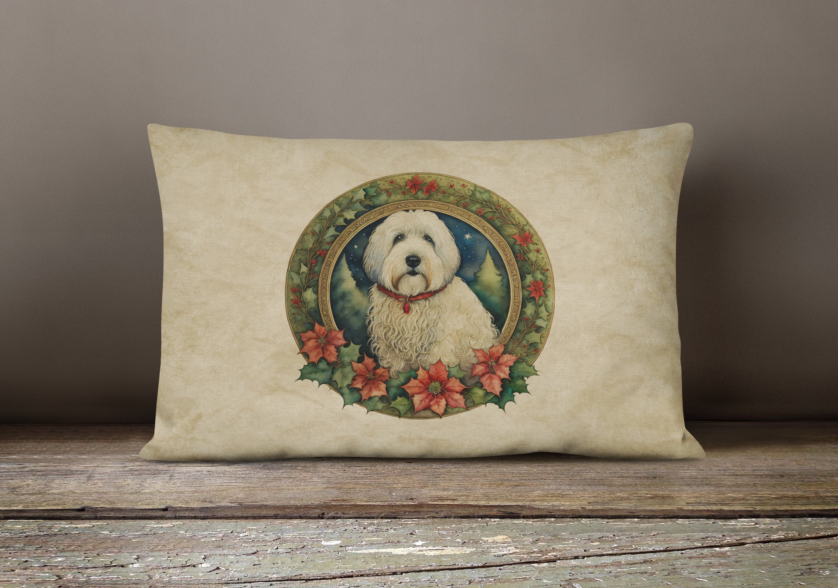 Old English Sheepdog Christmas Flowers Throw Pillow