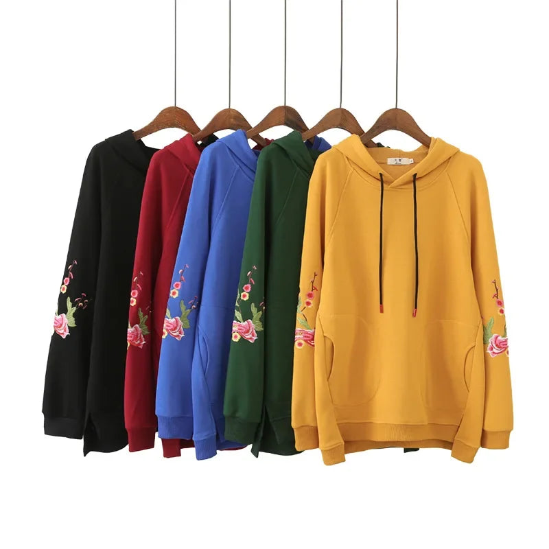 Plus Size Hoodie Pullover with Peony Embroidery for Women | Streetwear