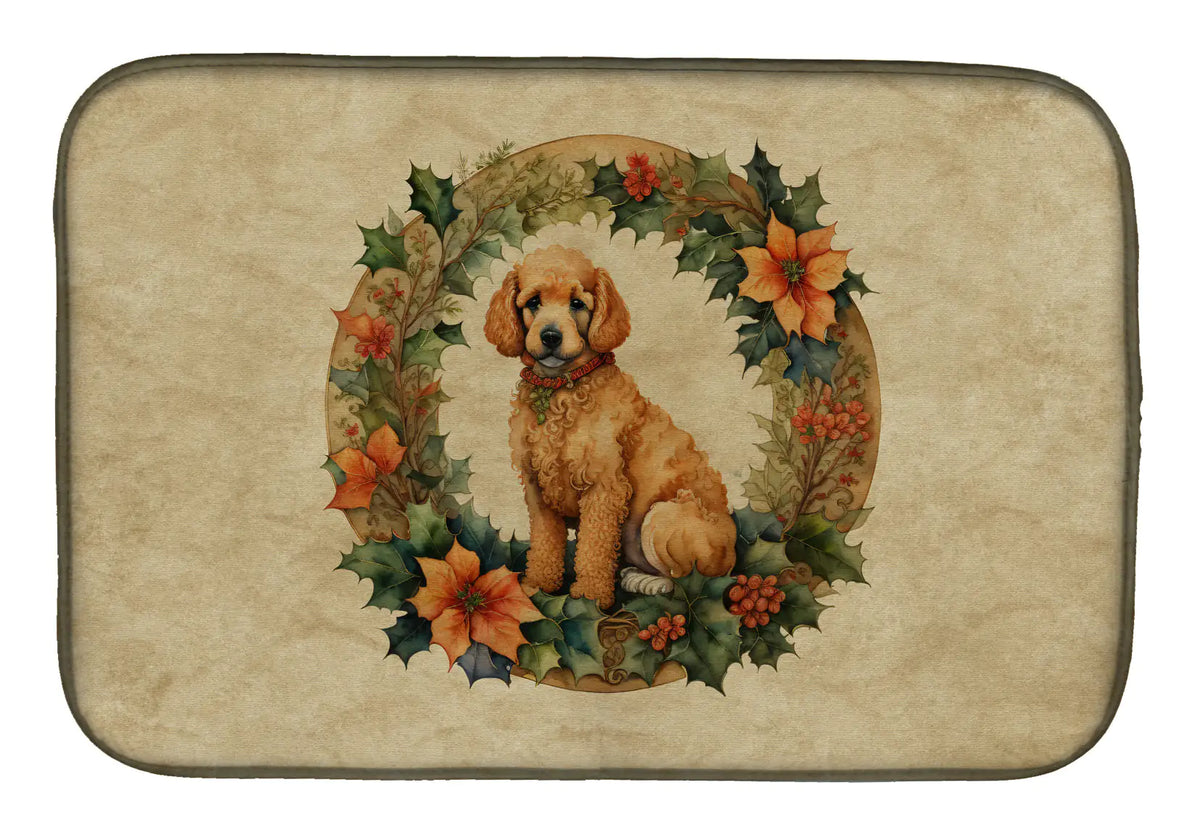 Poodle Christmas Flowers Dish Drying Mat