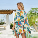 Floral Print Kimono Cardigan with Tassels for Summer