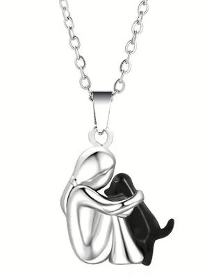 Silver Person Hugging Dog Stud Earrings