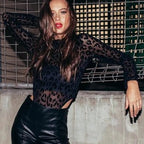Black Leopard Print Sheer Bodysuit for Women