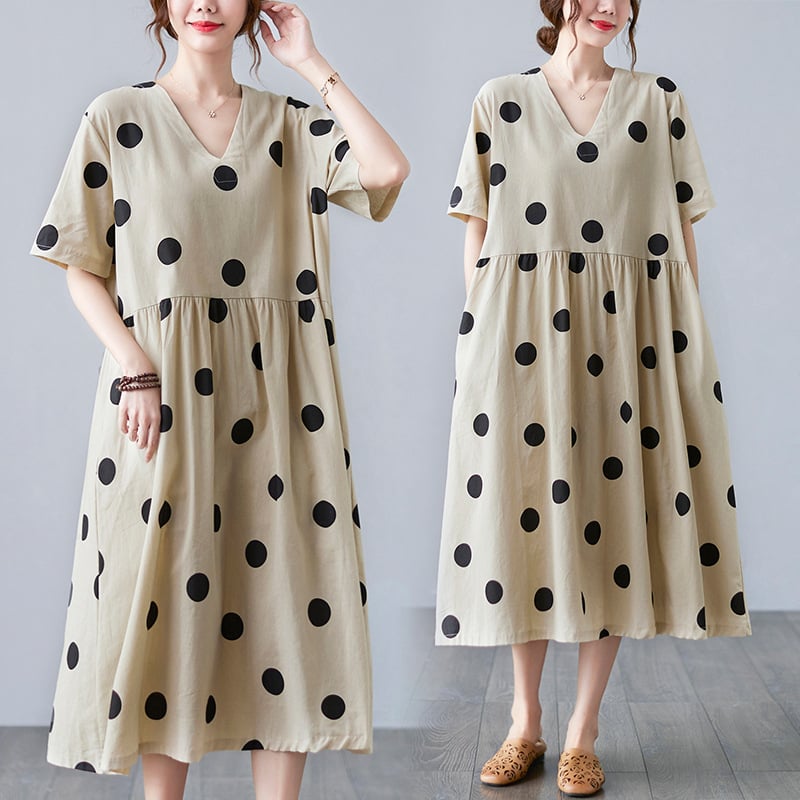 Cotton and Linen V-neck Short-sleeved Dress
