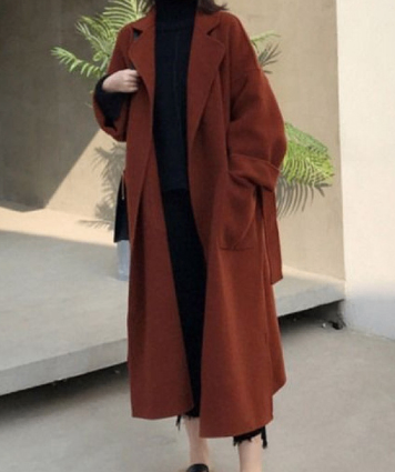 Mid-Length Women's Red Woolen Coat with Maple Leaf Design