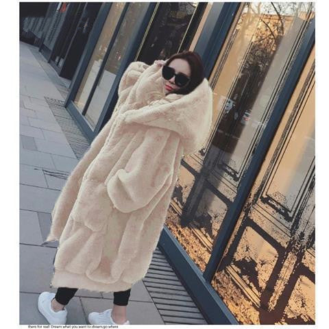 Thickened Long Hooded Jacket in Rex Rabbit Fur for Women