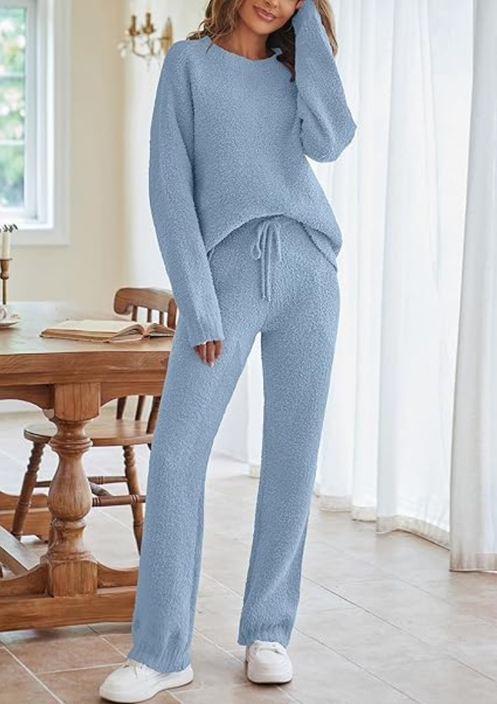 Solid Color Women's Round Neck Long Sleeve Trousers Warm Fleece Suit