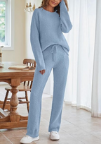 Solid Color Women's Round Neck Long Sleeve Trousers Warm Fleece Suit