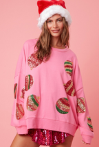 Embroidered Sequin Round Neck Long Sleeve Sweater