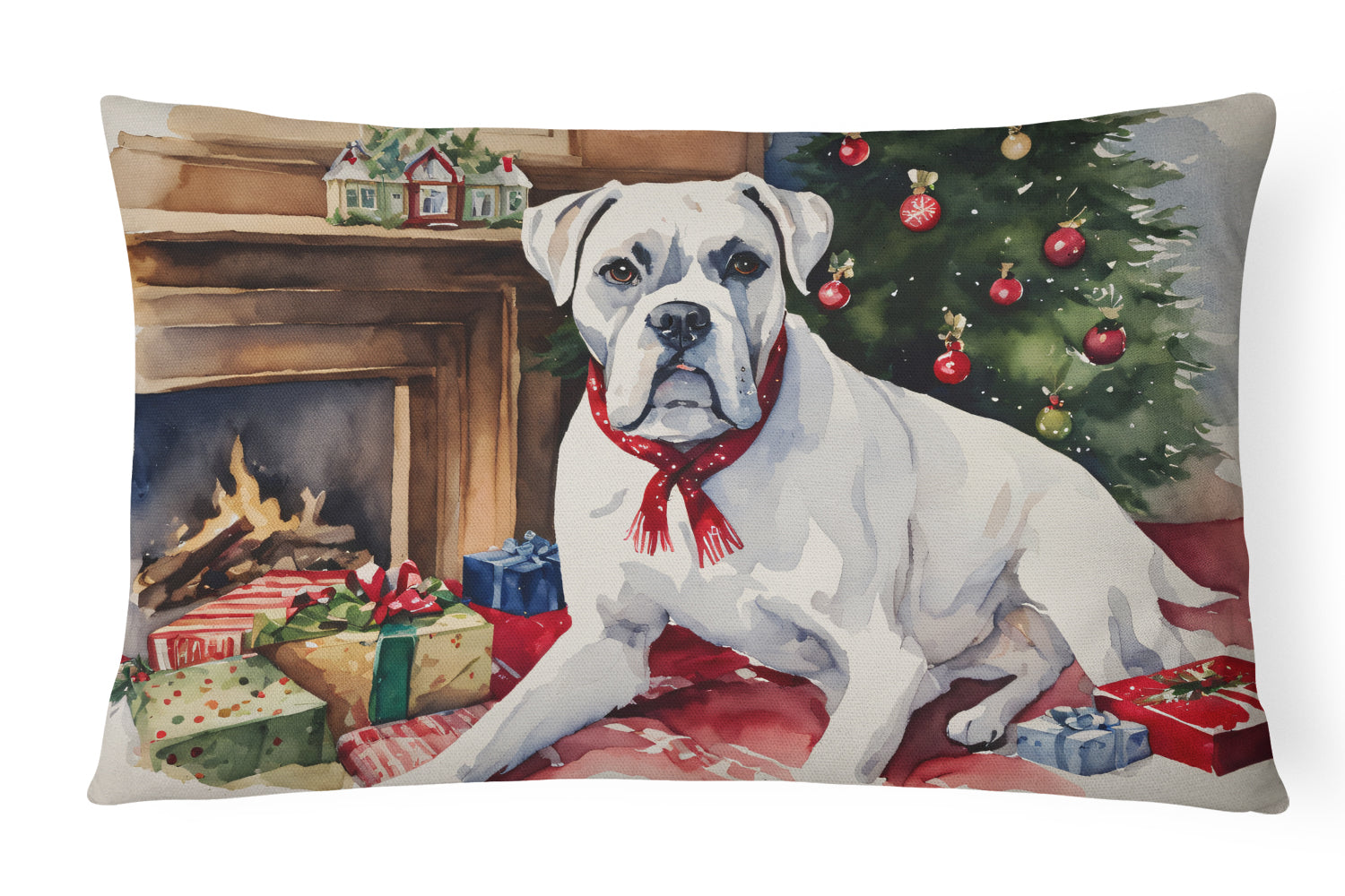 White Boxer Christmas Throw Pillow