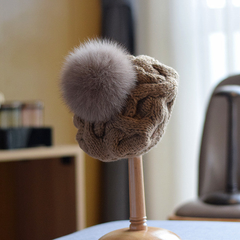 Children's Wool Hat with Fox Fur Ball for Autumn/Winter | Embroidered Cap