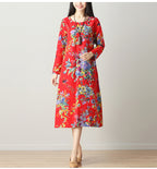 Cotton Linen Dress, Ethnic Style Mid-Length Dress