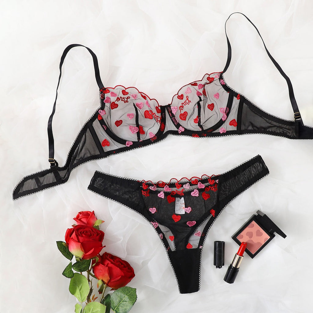 Sheer Mesh Heart Embroidered Bra and Thong Lingerie Set