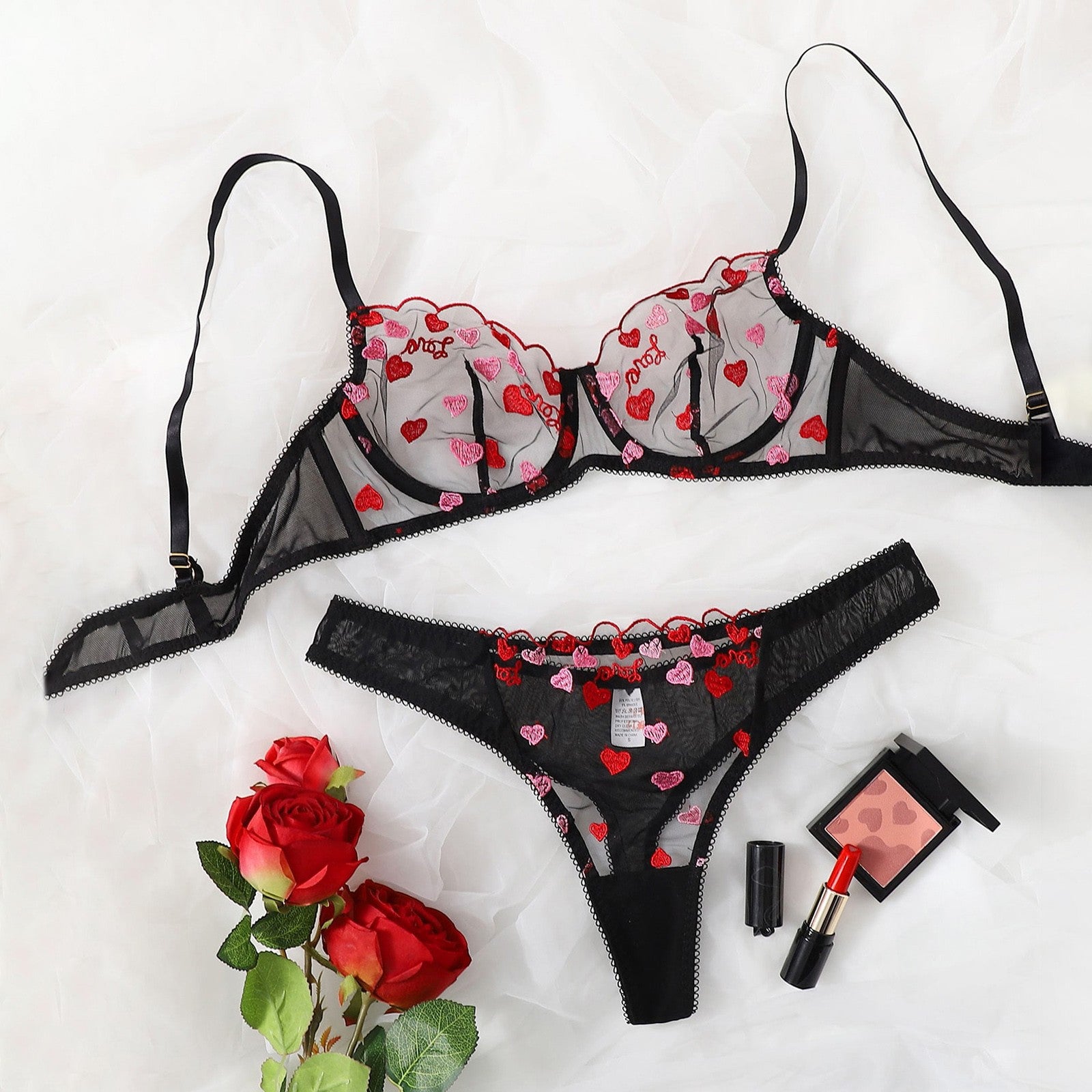 Sheer Mesh Heart Embroidered Bra and Thong Lingerie Set