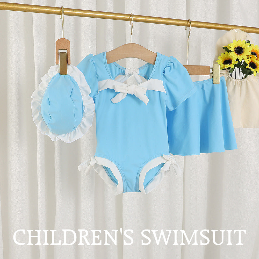 3Pcs Girls Bikini Set with Ruffle Skirt and Caps