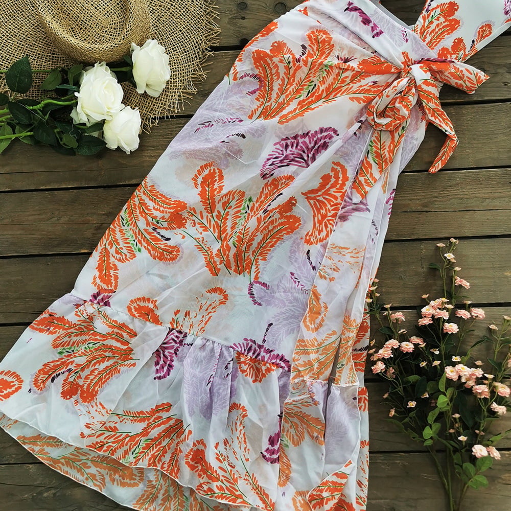 Printed Ruffle One Piece Swimsuit with Chiffon Dress