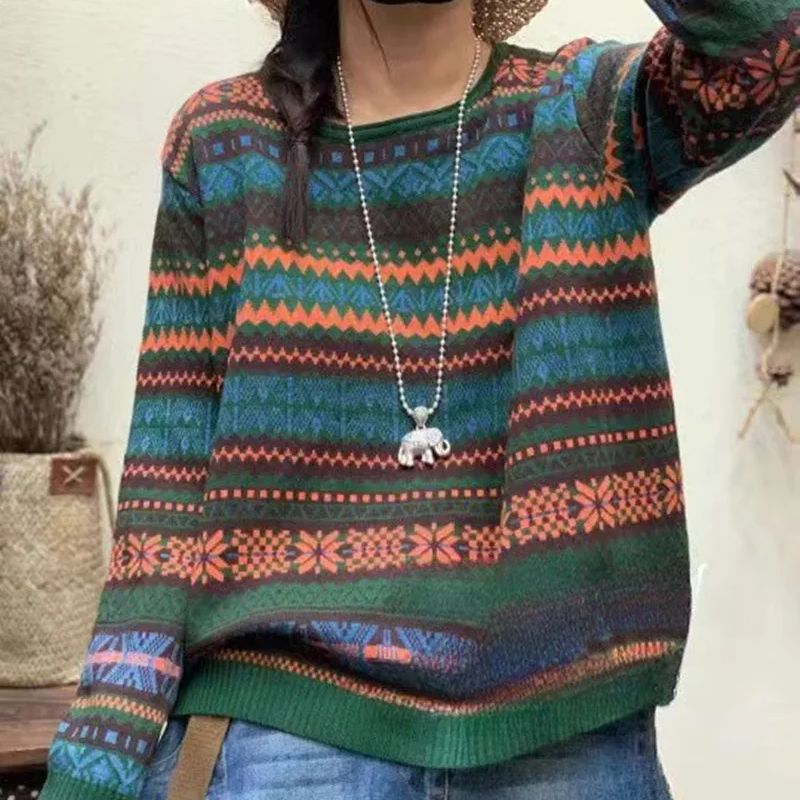 Limiguyue Retro Jacquard Pattern Wool Sweater for Women