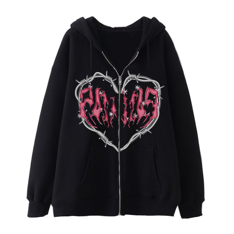 Y2K Oversized Hoodie with Graffiti Heart Print for Women | Streetwear