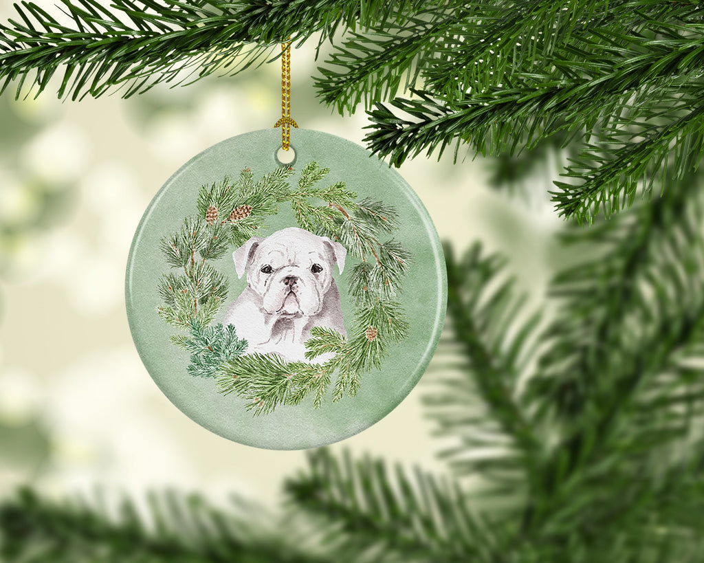 Bulldog Puppy White Christmas Wreath Ceramic Ornament