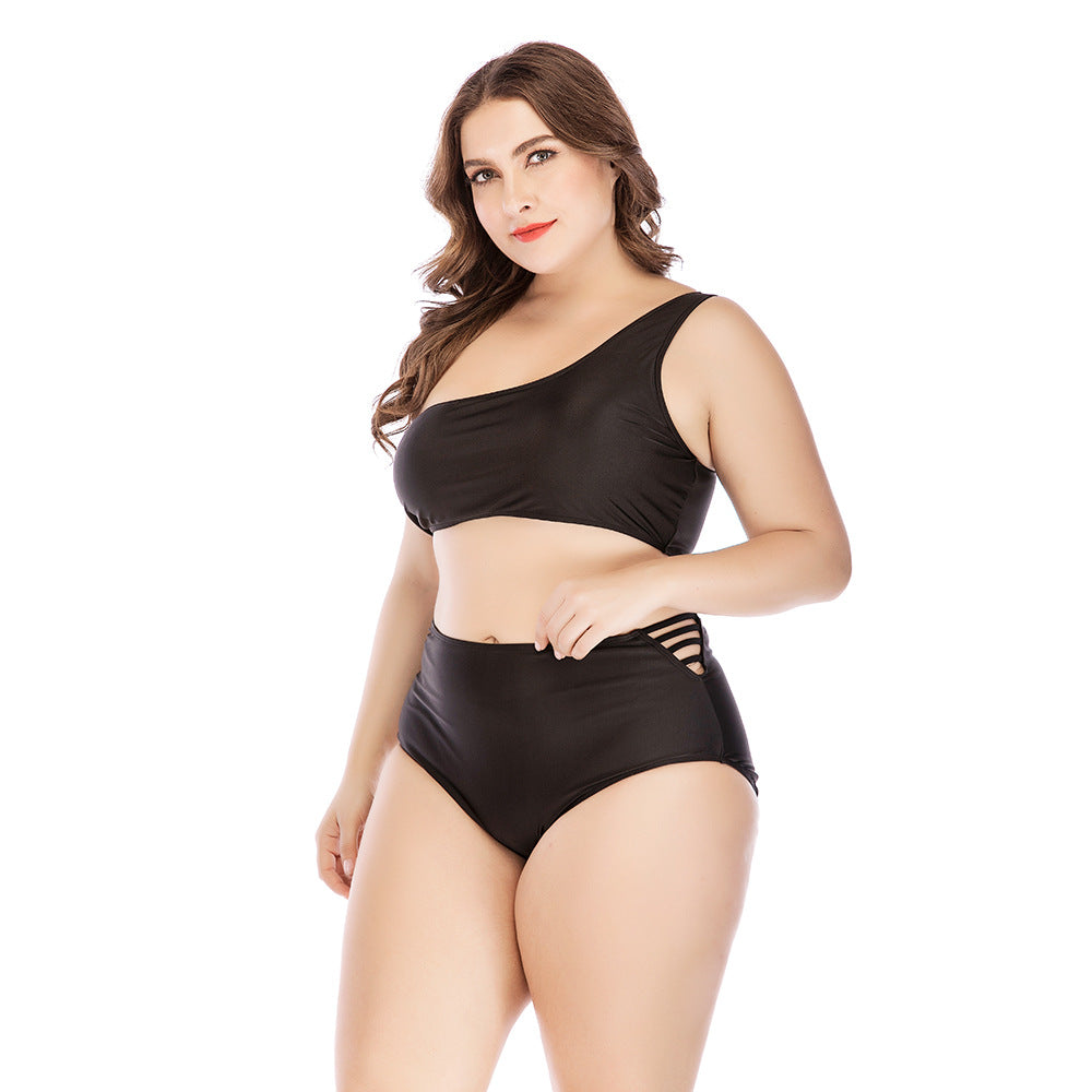 Plus Size High Waist Bikini with Hollow One Shoulder Design