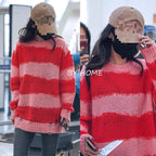 Women's Mohair Striped Ripped Thin Crew Neck Sweater