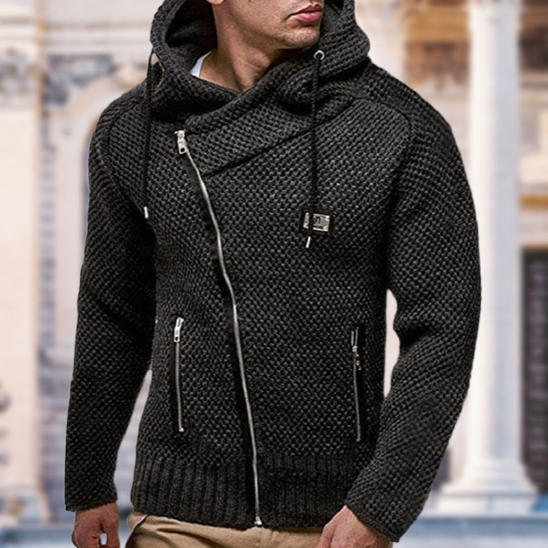 Men's Slim-fit Black Sweater with Oblique Zipper