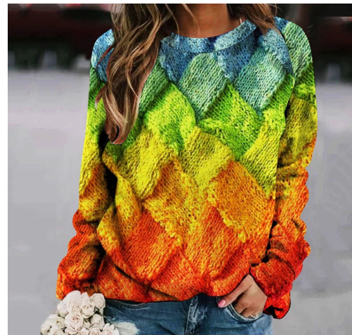 Printed Patchwork Round Neck Long Sleeve Women's Sweater