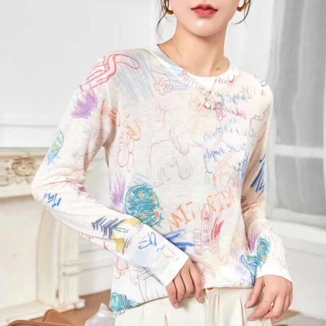 Lightweight Long Sleeve Crew Neck Printed Knit Top for Women