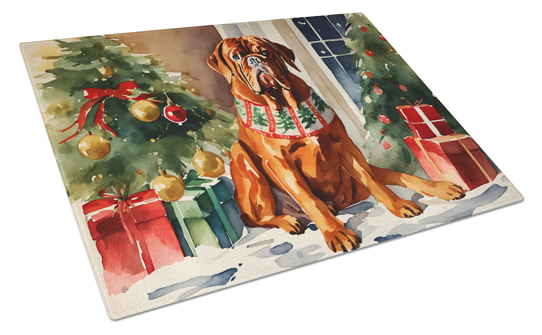 Dogue de Bordeaux Cozy Christmas Glass Cutting Board