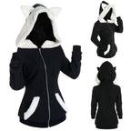 Plush Hooded Sweater with Cat Ears and Contrast Stitching