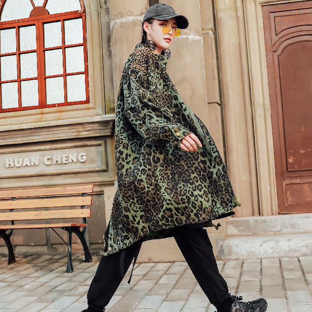 Leopard Print Camouflage Mid-Length Heavy Trench Coat