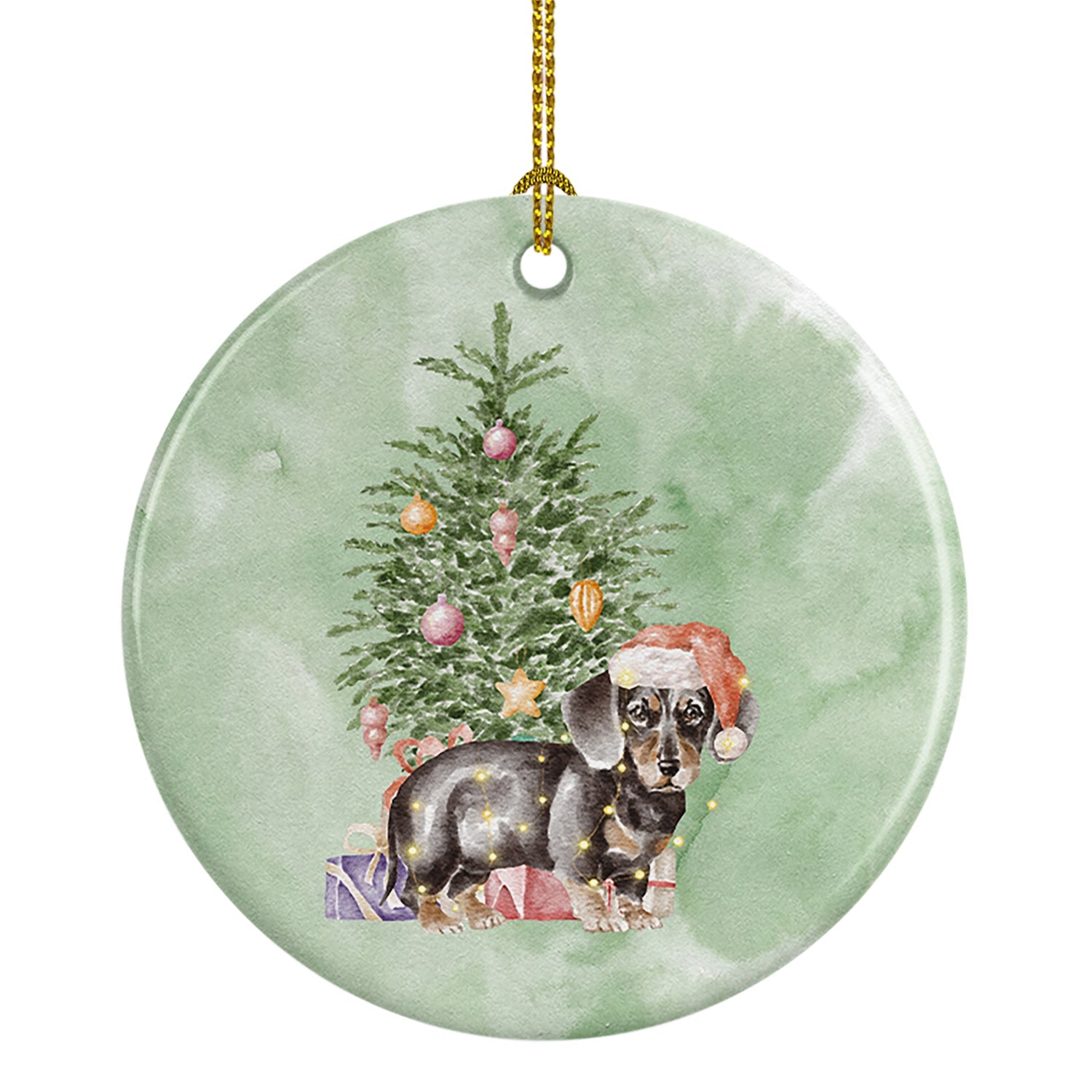 Dachshund Black Tan Puppy Christmas Presents and Tree Ceramic Ornament