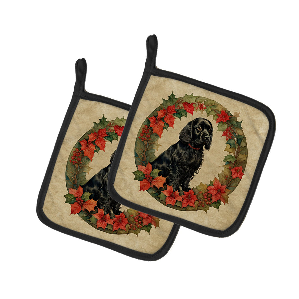 Cocker Spaniel Christmas Flowers Pair of Pot Holders