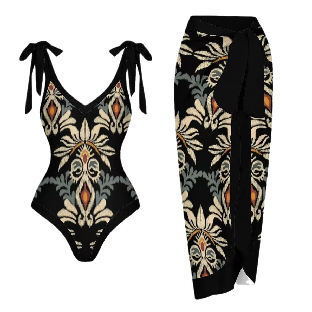 V-Neck Women's One-Piece Swimsuit with Skirt Design