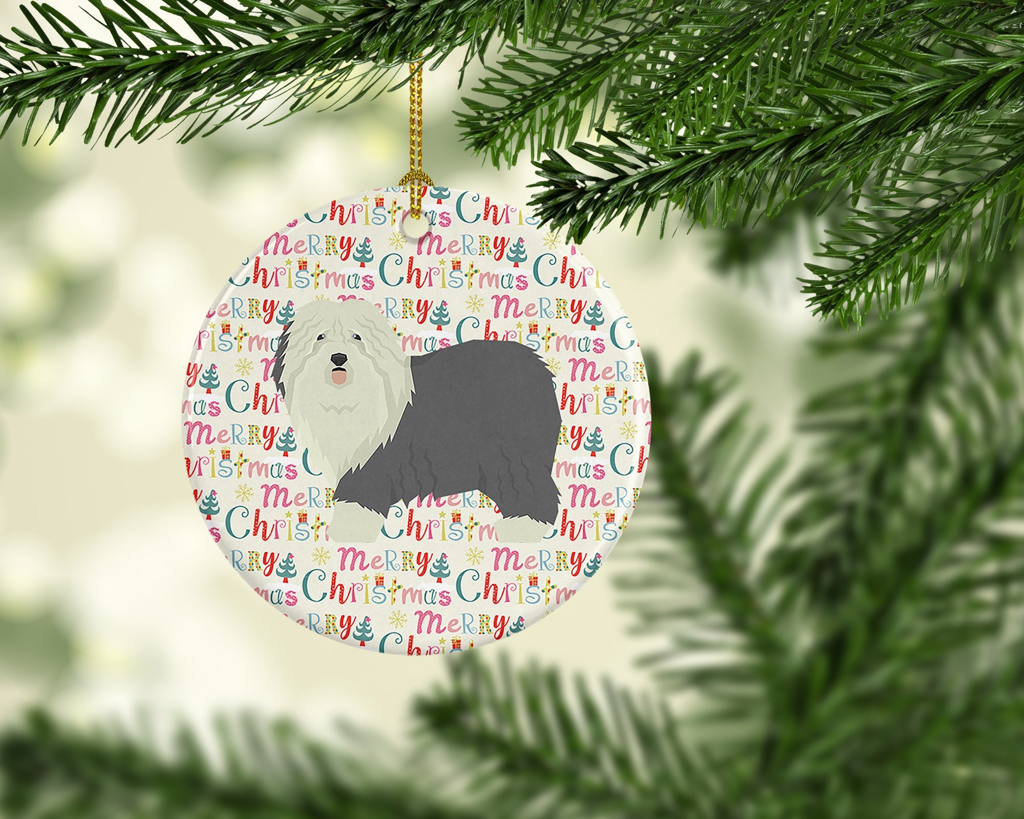 Old English Sheepdog Merry Christmas Ceramic Ornament