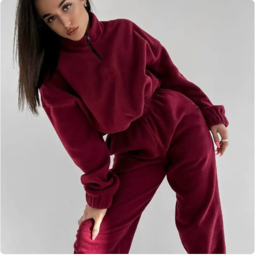 Loose Zip Stand Collar Sweater Set