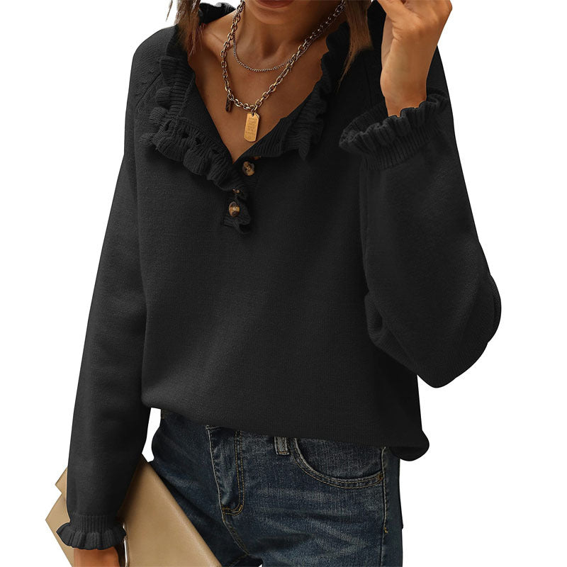Women's Casual Long-Sleeved Ruffle Knit Pullover | Streetwear