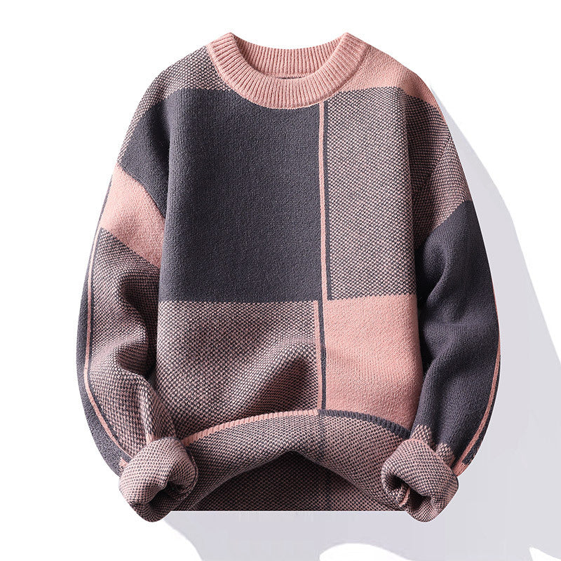 Men's Round Neck Thick Sweater with Geometric Design