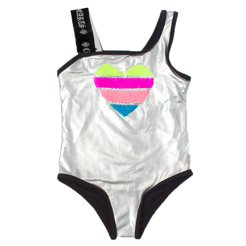 Heart-Shaped Sequin Baby Girl One-Piece Swimsuit