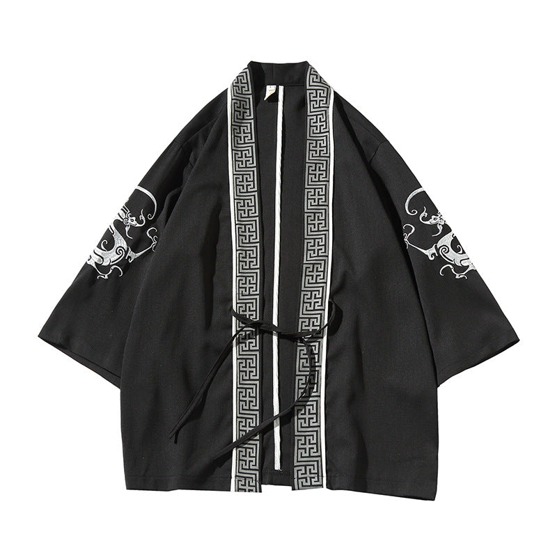 Men's Chinese Crane Embroidered Cardigan with 3/4 Sleeves