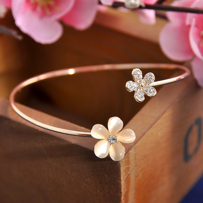 Daisy Flower Open Bangle with Cat's Eye Stones