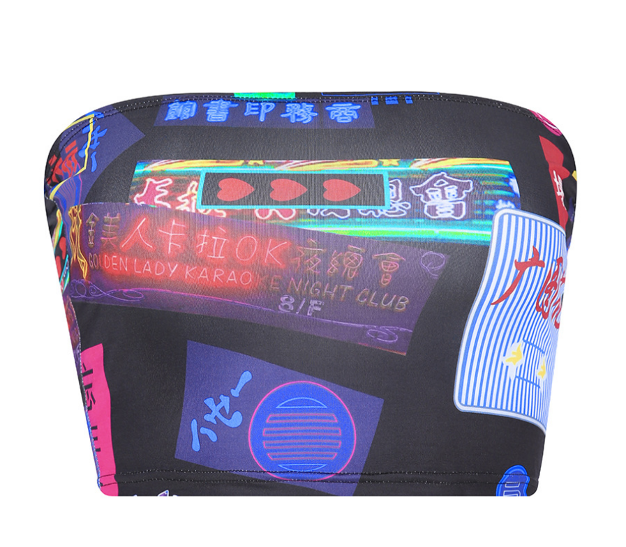 Vintage Chinese Print Women's Bustier Top, Punk Style