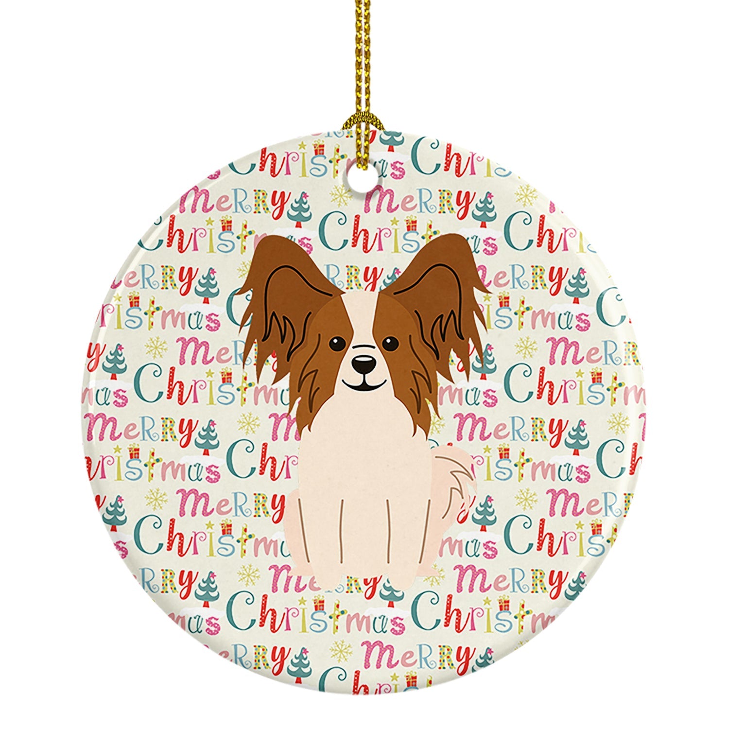 Merry Christmas Papillon Red White Ceramic Ornament