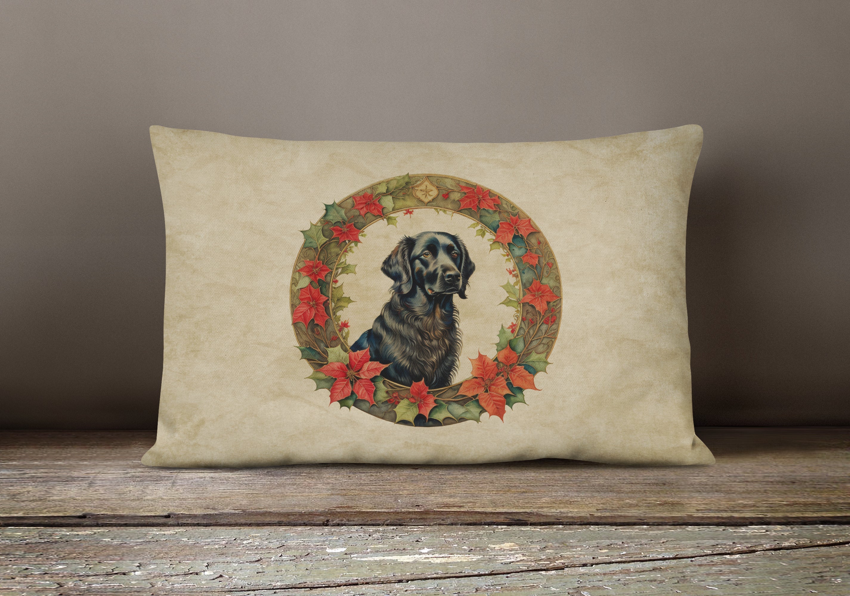 Flat-Coated Retriever Christmas Flowers Throw Pillow