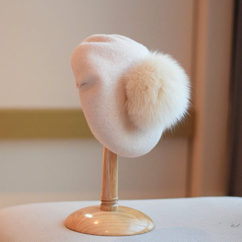 "Wool Beret with Fur Ball for Women - Fashion Cap" | Embroidered Cap