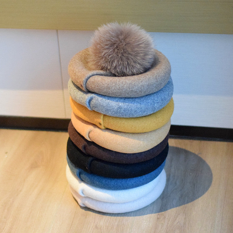 "Wool Beret with Fur Ball for Women - Fashion Cap" | Embroidered Cap