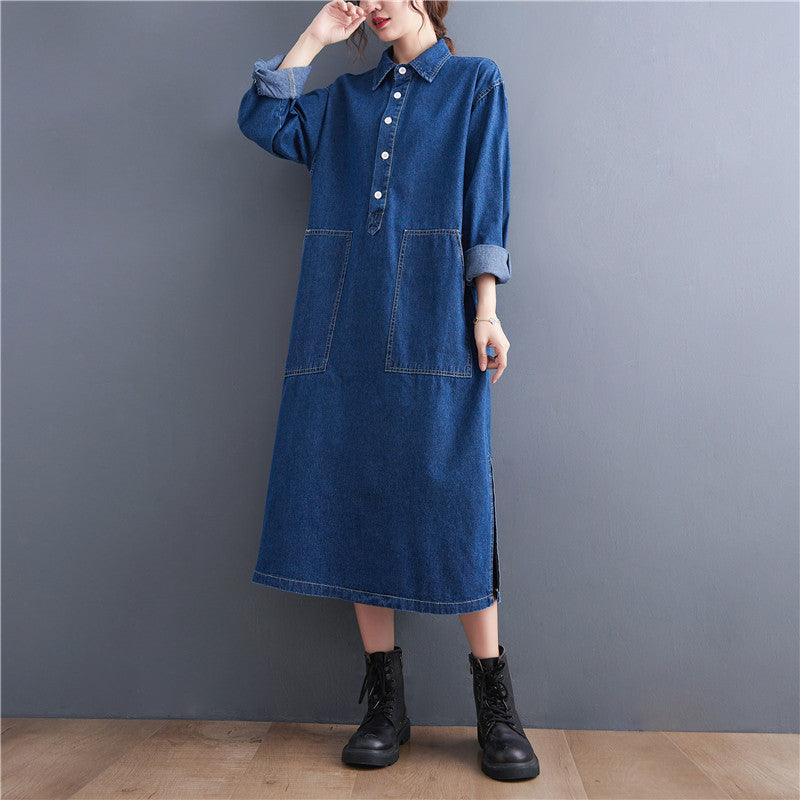 Large Denim Long Sleeve Pullover Dress for Girls | Streetwear