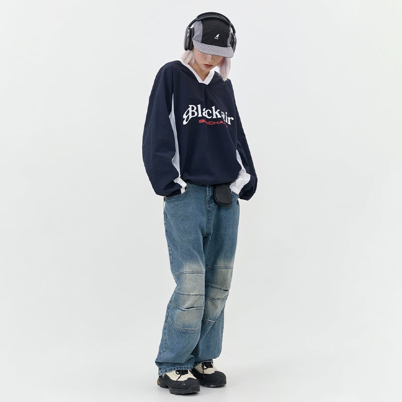 Contrast Color V-Collar Couple Long Sleeve Hoodie | Streetwear