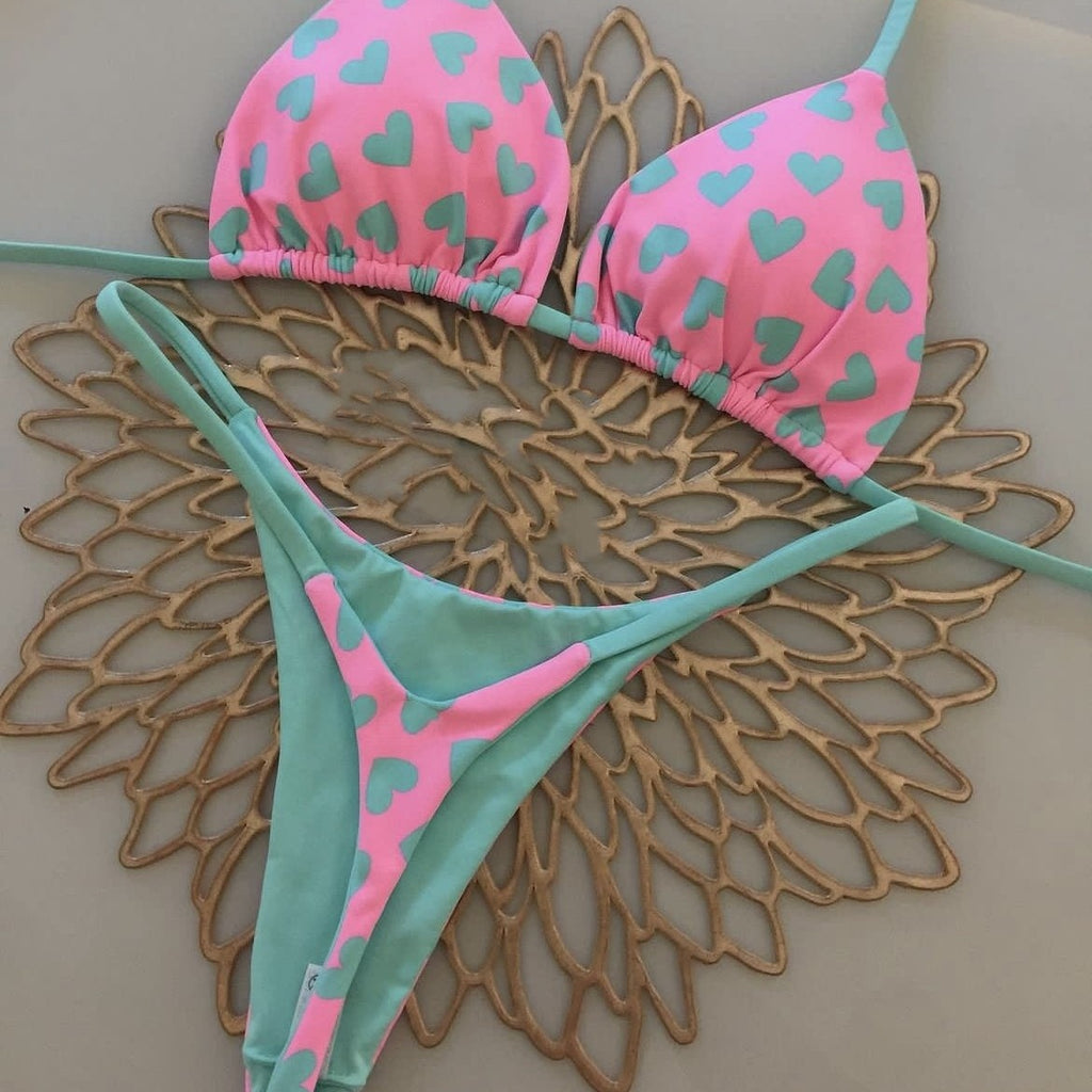 2024 New Heart Print Backless Bikini Swimsuit