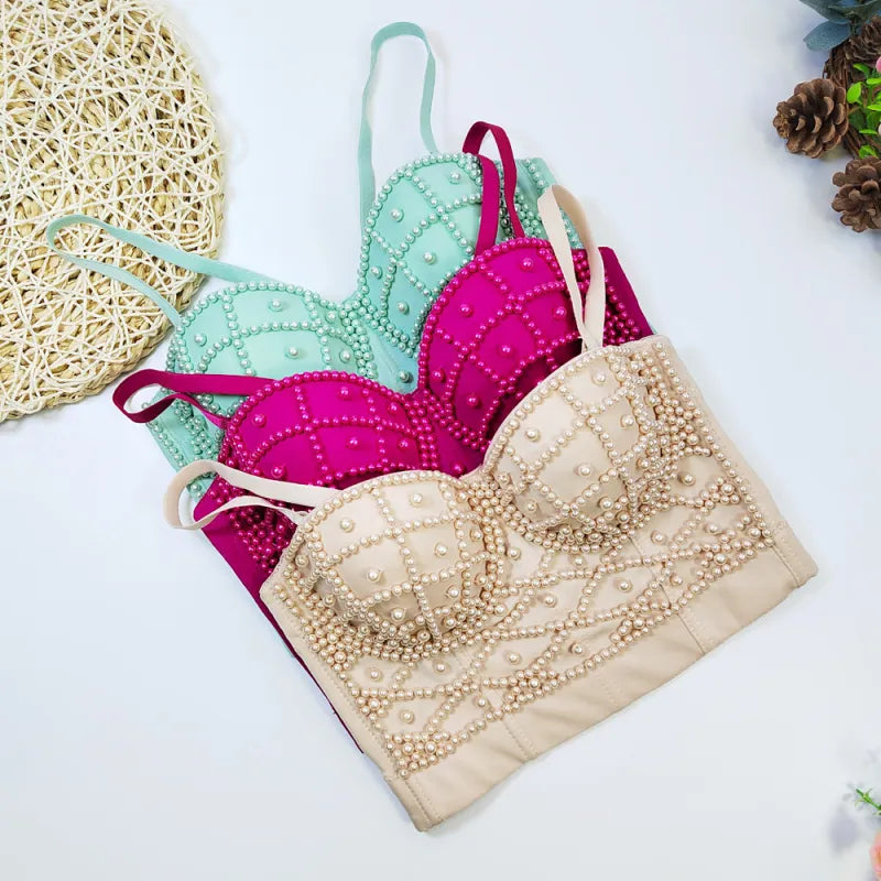 Pearl-Embellished Bustier Camisole Top