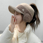 Knitted Duck Tongue Earmuffs with Velvet Wool Hat | Embroidered Cap